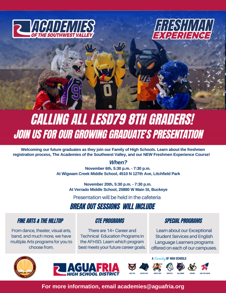 Flyer contains information about future freshmen nights for the Agua Fria School District