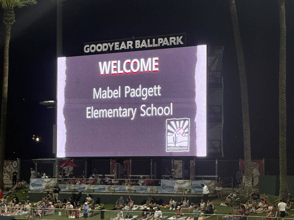 Bulletin board at Goodyear Ballpark reading "Welcome Mabel Padgett Elementary School"