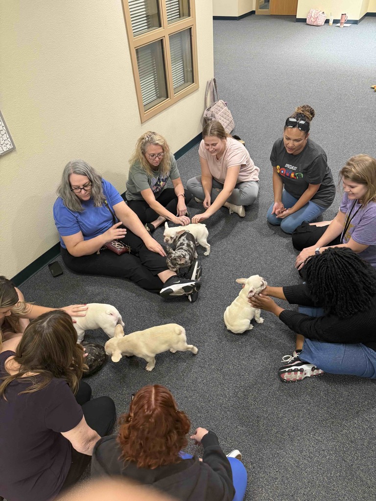 Teachers holding bulldog puppies