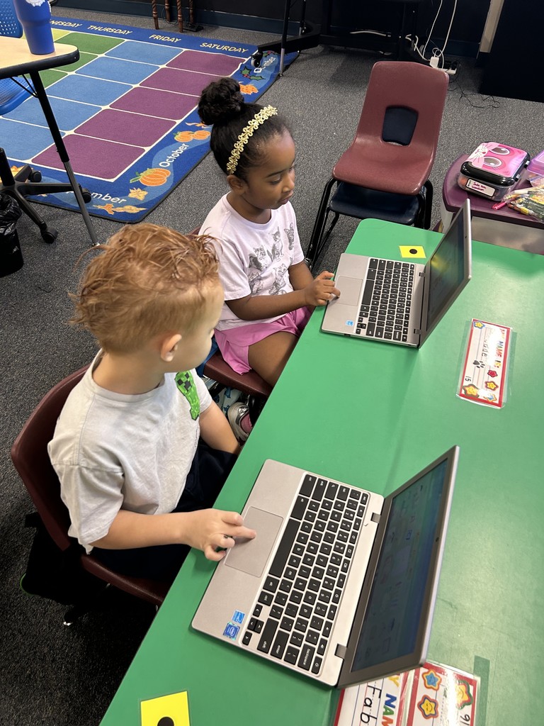 Kindergarten students on the computers