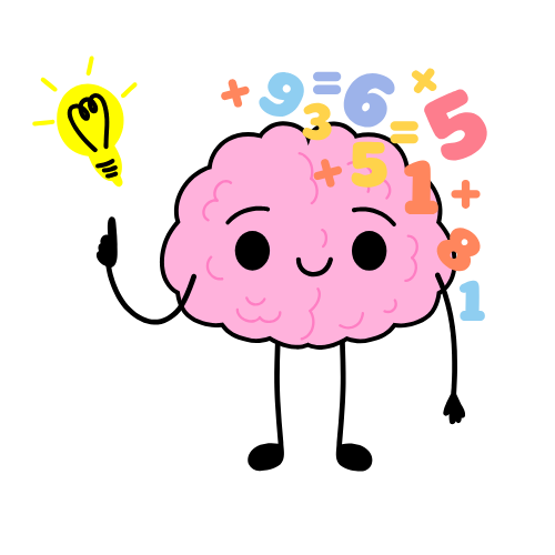 Cartoon brain with lightbulb surrounded by numbers and equations
