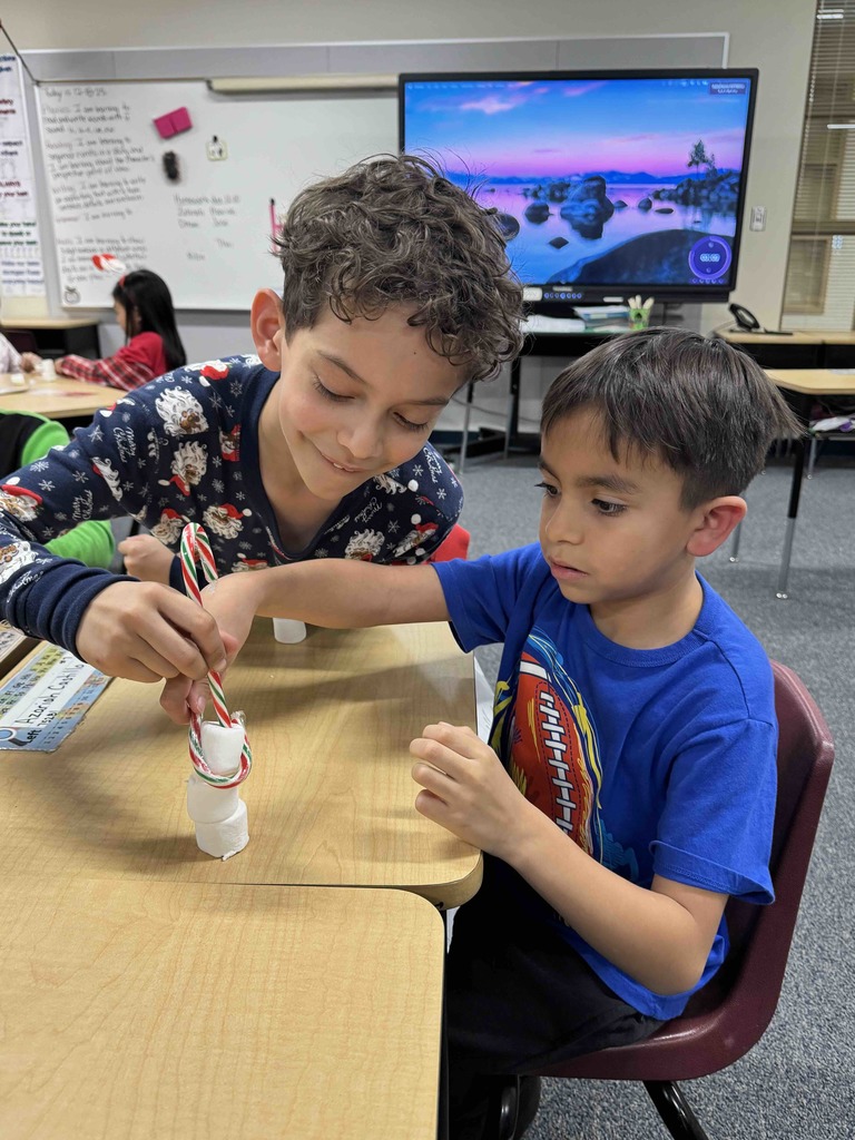 2nd Grade students team building by stacking marshmallows with candy canes. 