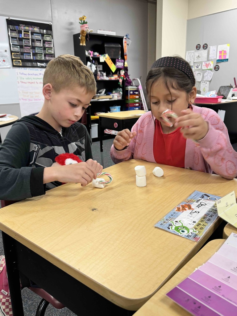 2nd Grade students team building by stacking marshmallows with candy canes. 