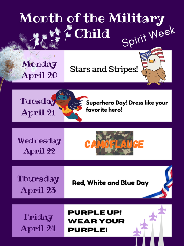 Purple flyer advertising the spirit week for month of the military child