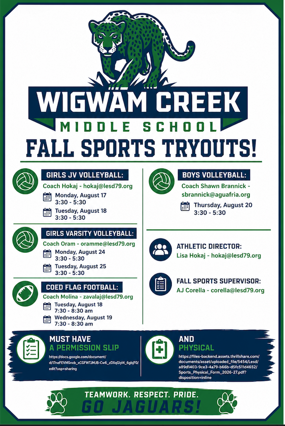 Flyer outlining dates and information for Fall sports tryout at WCMS