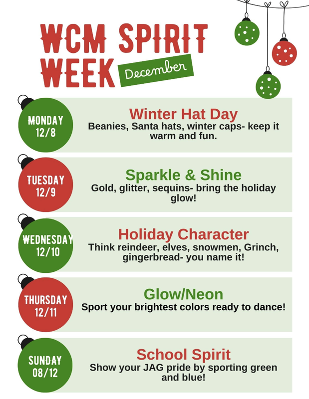 Image shows Winter spirit day descriptions in red and green font