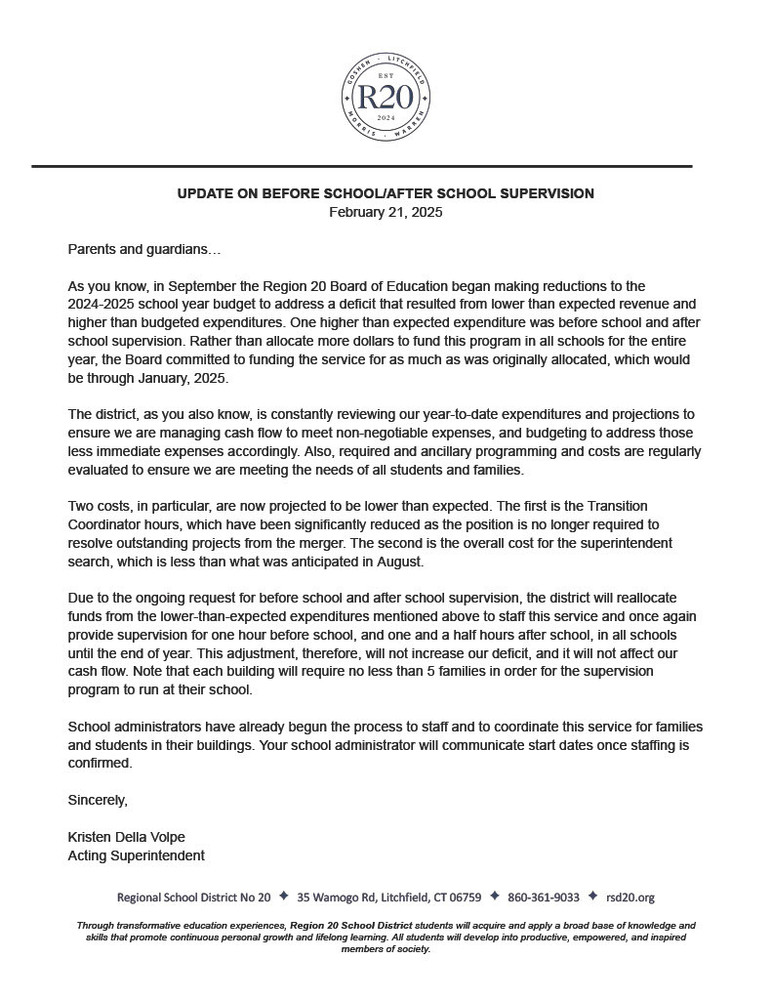 Before and After School Supervision Update Letter