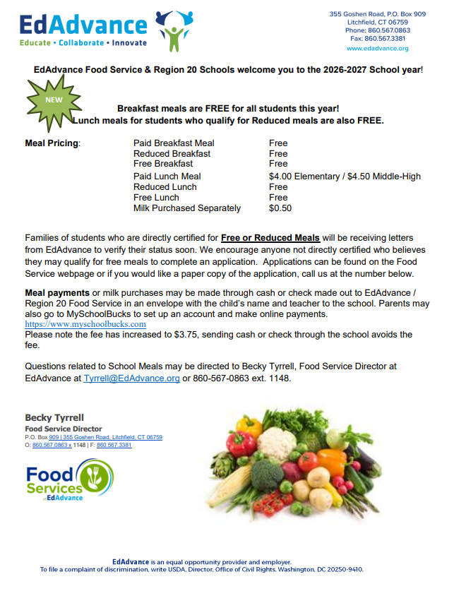 EdAdvance Food Service & Region 20 Schools welcome you to the 2026-2027 School year