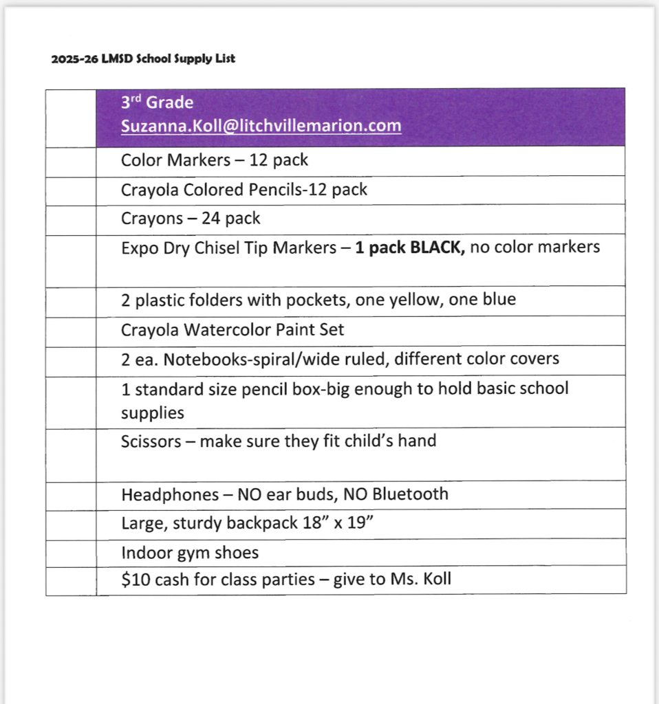 3rd Grade Supply list