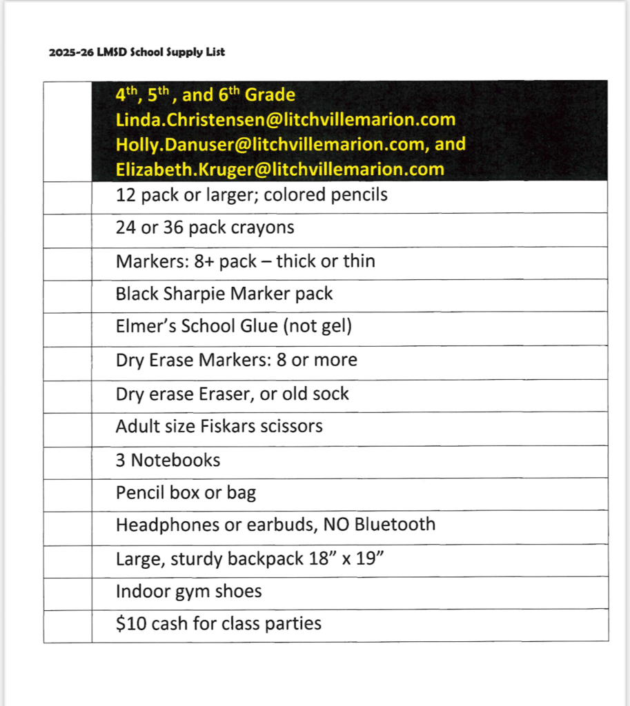 4-6th Grade supply list