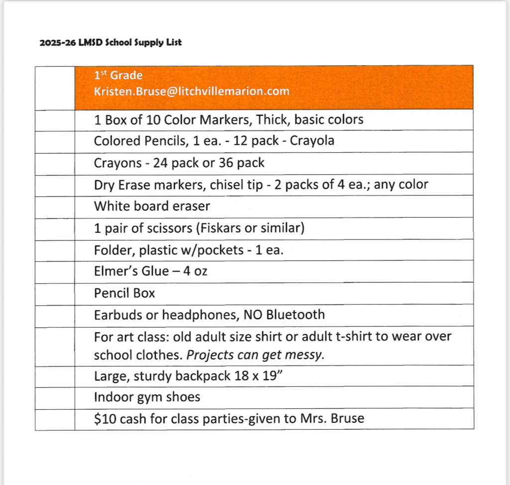 1st Grade supply list