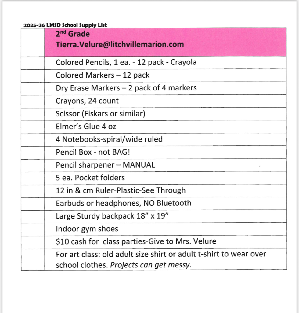 2nd Grade supply list