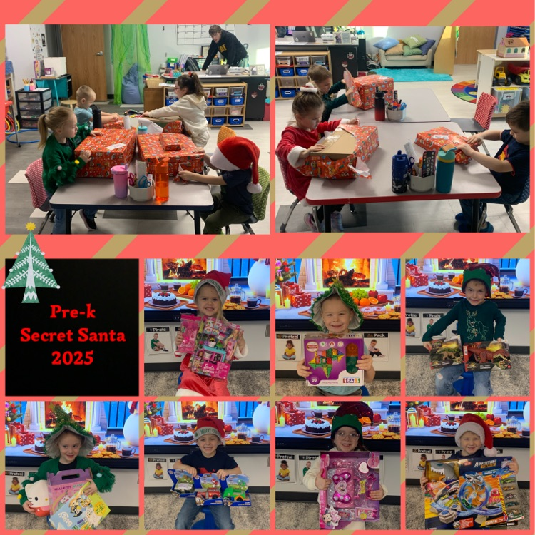 collage of pre-K students opening gifts 