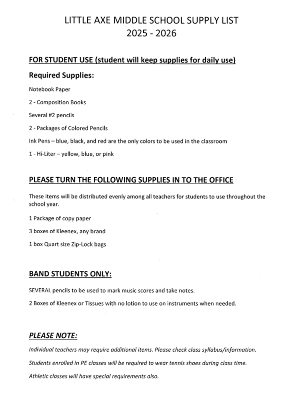MS Back to School Supply List 2026-27