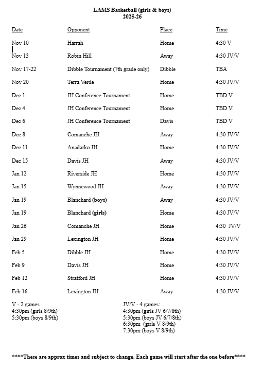 LAMS Basketball Schedule 2025-26