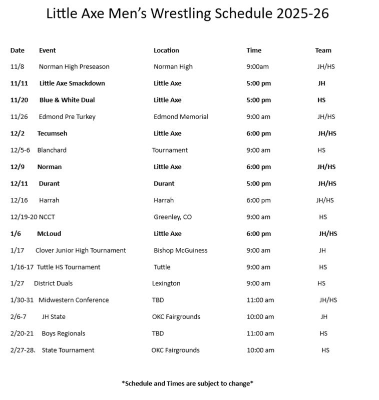 Boys Wrestling Schedule 2025-26