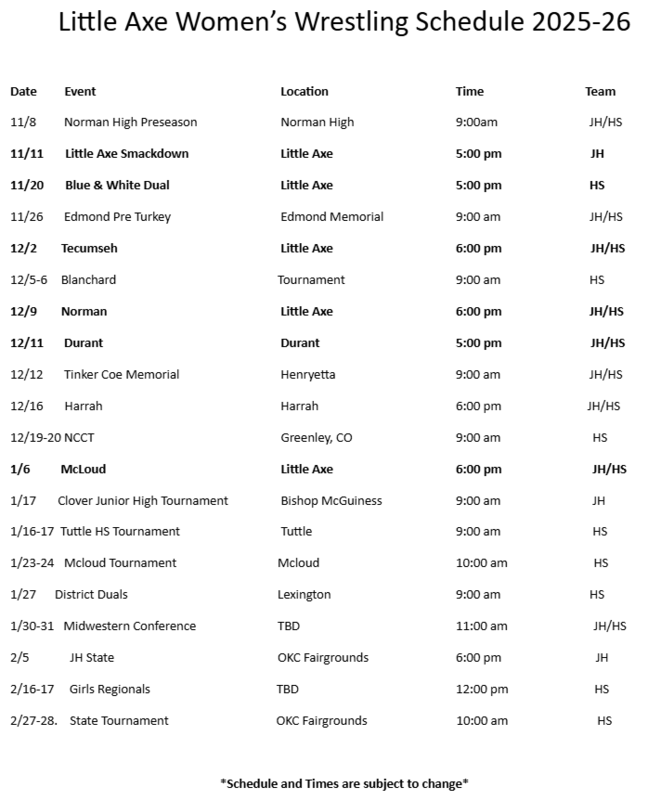 Girls Wrestling Schedule 2025-26