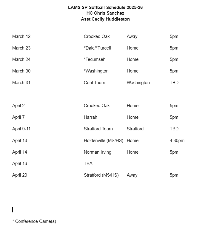 LAMS SP Softball Game Schedule 2025-26