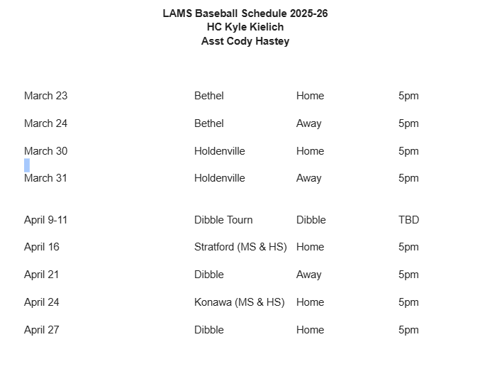 LA Middle School Baseball Schedule 2026