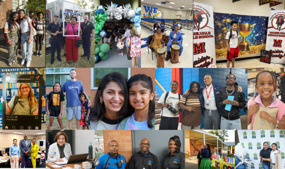 Back to school collage of photos featuring students, staff, parents, security , nurses, television personalities and the mayor
