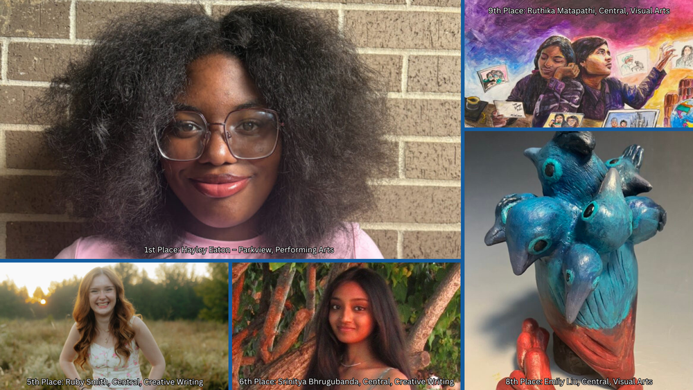 A collage featuring Little Rock School District students recognized by the Thea Foundation. At the center is a portrait of Hayley Eaton, first place winner in performing arts from Parkview Arts and Science Magnet High School. In the upper right is a colorful visual artwork by Ruthika Matapathi, ninth place winner in visual arts from Little Rock Central High School. Below it is a blue and teal sculptural artwork by Emily Liu, eighth place winner in visual arts from Little Rock Central High School. At the bottom left is a portrait of Ruby Smith, fifth place winner in creative writing from Little Rock Central High School. At the bottom center is a portrait of Srinitya Bhrugubanda, sixth place winner in creative writing from Little Rock Central High School.