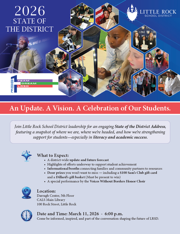 Information for LRSD's State of the District with decorative image of kids and Dr. Wright