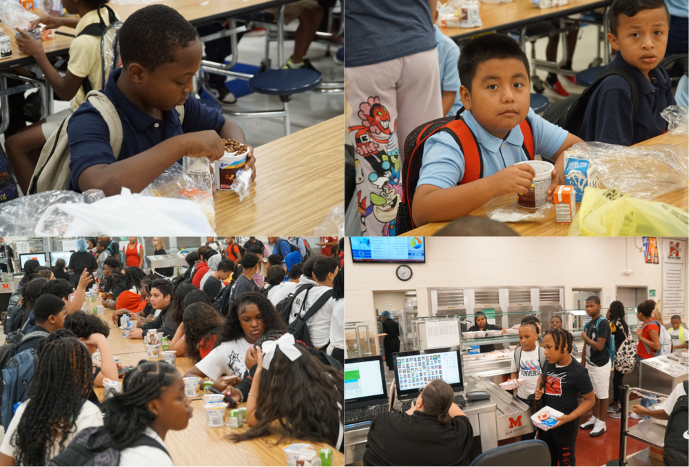 Here are four pictures of children eating in the cafeteria