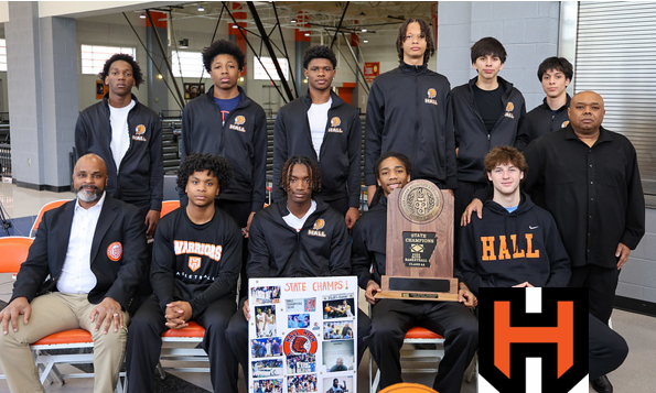 photo of hall bb team, coach and principal with tropy and photo collage