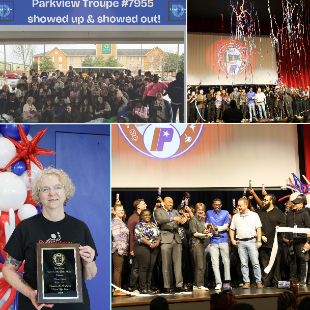 Celebrations at Parkview: A picture of Parkview Troupe #7955 at the Thespian Festival in Springdale, a picture of Ms. Tamara Zink holding her award for being Theatre teacher of the year, and pictures from the ribbon-cutting ceremony for Parkview's new performance hall. 