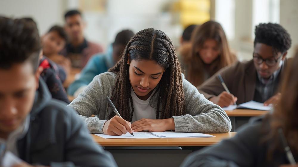 students at desks with pens, taking tests - mainly deocorative