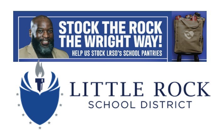 Stock the Rock graphic with Dr. Wright's photo and bag of groceries, plus lrsd logo