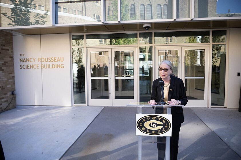Nancy Rousseau, the former principal of Little Rock Central High School, speaks during a ceremony renaming the school’s science building after her in Little Rock on Thursday, Oct. 22, 2026. (Arkansas Democrat-Gazette/Adam Vogler)