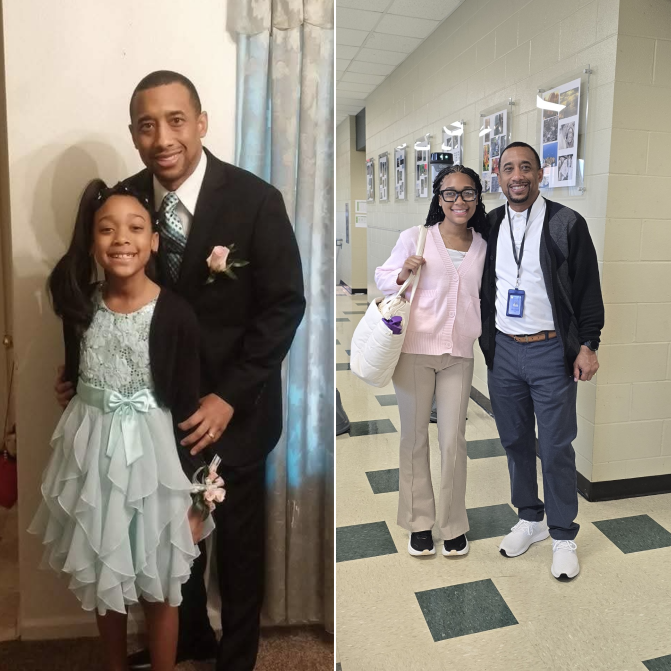 On the left it's a picture of Kennedi Tims and her dad before a father-daughter dance in 2024, on the right it's a picture of Kennedi Tims and her dad at Forest Height STEM Academy where they both teach