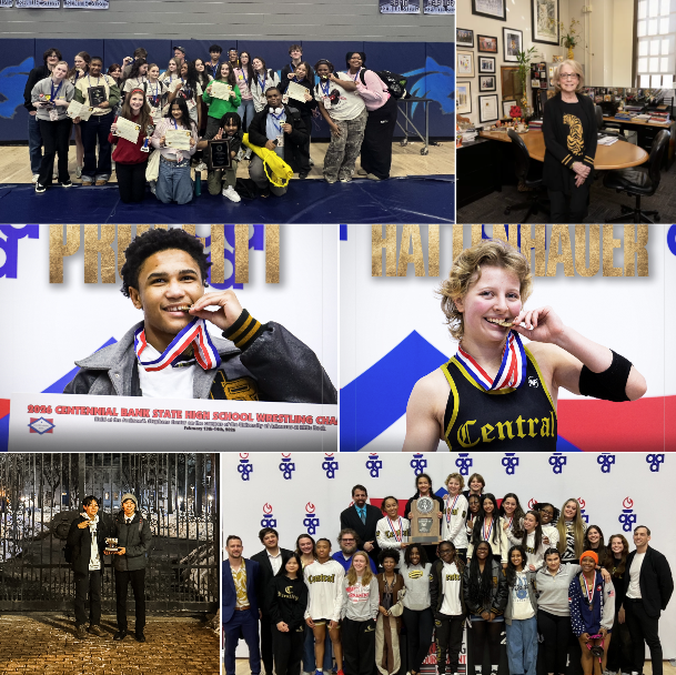 An image of several winners from Central, including winners from the Thespian Festival, the Debate team, and the wrestling team. 