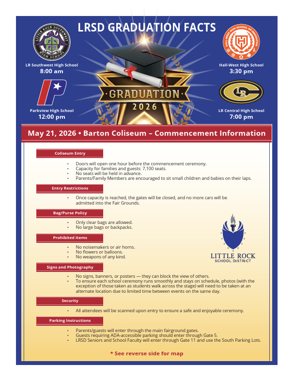 Flyer with a blue and gold graduation-themed design titled “Little Rock School District Graduation Facts.” Across the top are the graduation times for the district’s high schools with school logos. On the left is Little Rock Southwest High School with graduation at eight o’clock p.m. Below that is Parkview High School with graduation at twelve o’clock p.m. On the right is Hall-West High School with graduation at three thirty p.m. Below that is Little Rock Central High School with graduation at seven o’clock p.m. In the center is a large graduation cap and diploma graphic with the words “Graduation 2026.” A red banner across the flyer reads: “May twenty-first, two thousand twenty-six • Barton Coliseum • Commencement Information.” Section titled “Coliseum Entry” includes the following information: • Doors will open one hour before the commencement ceremony. • Capacity for families and guests is seven thousand one hundred seats. • No seats will be held in advance. • Parents and family members are encouraged to sit small children and babies on their laps. Section titled “Entry Restrictions” states: • Once capacity is reached, the gates will be closed, and no more cars will be admitted into the fairgrounds. Section titled “Bag and Purse Policy” states: • Only clear bags are allowed. • No large bags or backpacks. Section titled “Prohibited Items” states: • No noisemakers or air horns. • No flowers or balloons. • No weapons of any kind. Section titled “Signs and Photography” states: • No signs, banners, or posters — they can block the view of others. • To ensure each school ceremony runs smoothly and stays on schedule, photos, with the exception of those taken as students walk across the stage, will need to be taken at an alternate location due to limited time between events on the same day. Section titled “Security” states: • All attendees will be scanned upon entry to ensure a safe and enjoyable ceremony. Section titled “Parking Instructions” states: • Parents and guests will enter through the main fairground gates. • Guests requiring Americans with Disabilities Act-accessible parking should enter through Gate Five. • Little Rock School District seniors and school faculty will enter through Gate Eleven and use the South Parking Lots. At the bottom in red text it says: “See reverse side for map.” The Little Rock School District logo appears in the lower right corner of the flyer.