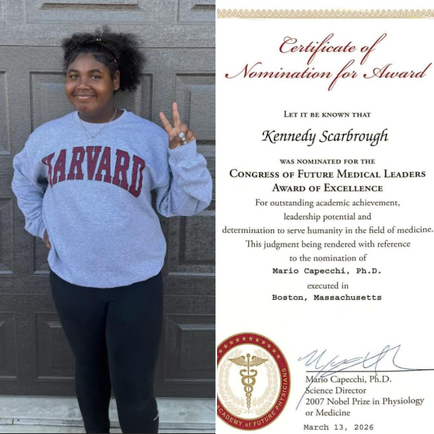 A split graphic shows a student and an award certificate. On the left, a smiling student stands in front of a closed garage door. She is wearing a gray sweatshirt with the word “Harvard” written in large red letters across the front, along with black pants. Her hair is pulled back, and she is holding up a peace sign with one hand. On the right, a formal certificate titled “Certificate of Nomination for Award” is displayed. The text reads: “Let it be known that Kennedy Scarbrough was nominated for the Congress of Future Medical Leaders Award of Excellence for outstanding academic achievement, leadership potential and determination to serve humanity in the field of medicine. This judgment being rendered with reference to the nomination of Mario Capecchi, Ph.D., executed in Boston, Massachusetts.” The certificate includes a seal and a signature, along with the printed name Mario Capecchi, Ph.D., Science Director, 2007 Nobel Prize in Physiology or Medicine, and the date March 13, 2026.