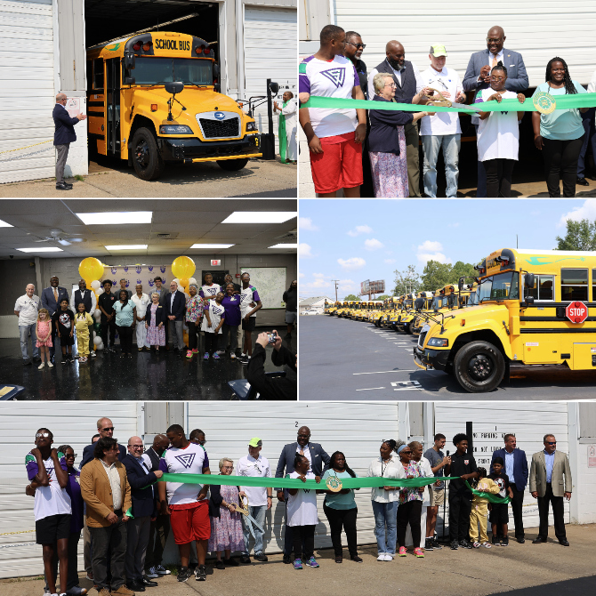 LRSD Students and staff attend a ribbon-cutting ceremony at the Little Rock School District bus depot to unveil our new electric bus fleet
