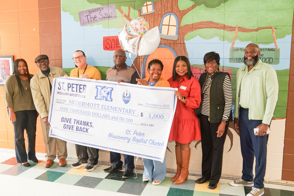 Decorative images - top photo of staff receiving ceremonial check;