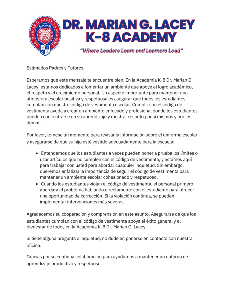 Letter to the parents about uniforms