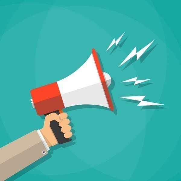A hand holding a megaphone on a teal background.