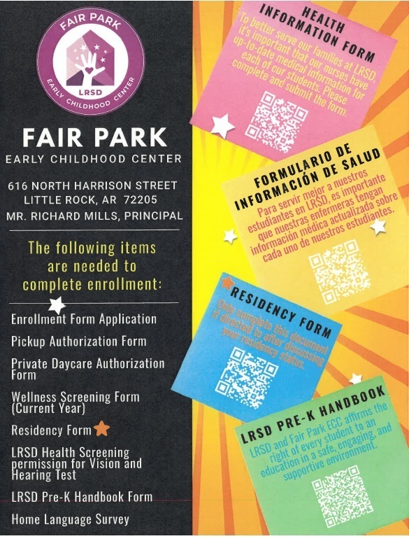 school check in flyer with qr codes for Health information, residency and lrsd handbook