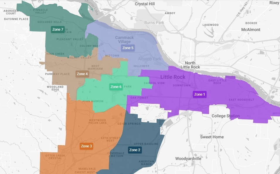 Proposed School Board Election Zone Map - Zone 1, Zone 2, Zone 3, Zone 4, Zone 5, Zone 6, Zone 7