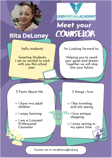 Graphic introducing Ms. Rita Deloney, the counselor.
