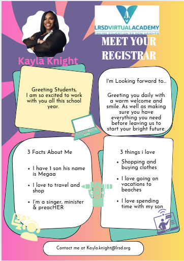 Graphic introducing Ms. Kayla Knight, the Registrar.