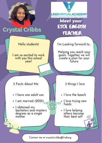 Graphic introducing Mrs. Cribbs, ESOL English Teacher