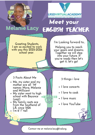 Graphic introducing Ms. Melanie Lacy, English Teacher