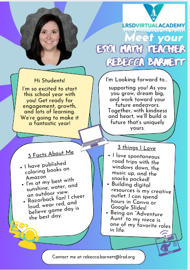 Graphic introducing Ms. Rebecca Barnett, ESOL Math Teacher