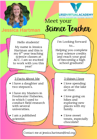 Graphic introducing Mrs. Hartman, Science Teacher