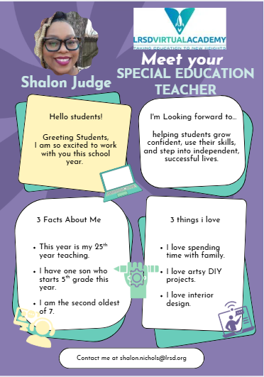 Graphic introducing Mrs. Judge, SPED Teacher