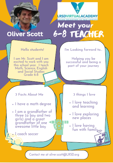 Graphic introducing Mr. Scott, the virtual middle school teacher